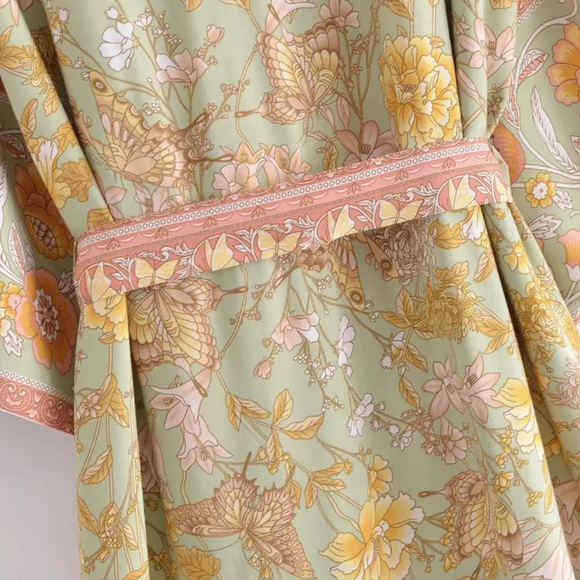 Lena Vie Butterfly Gardens Viscose + Cotton Kimono In Soft Petal Print, Sash Tie - Picture 5 of 15